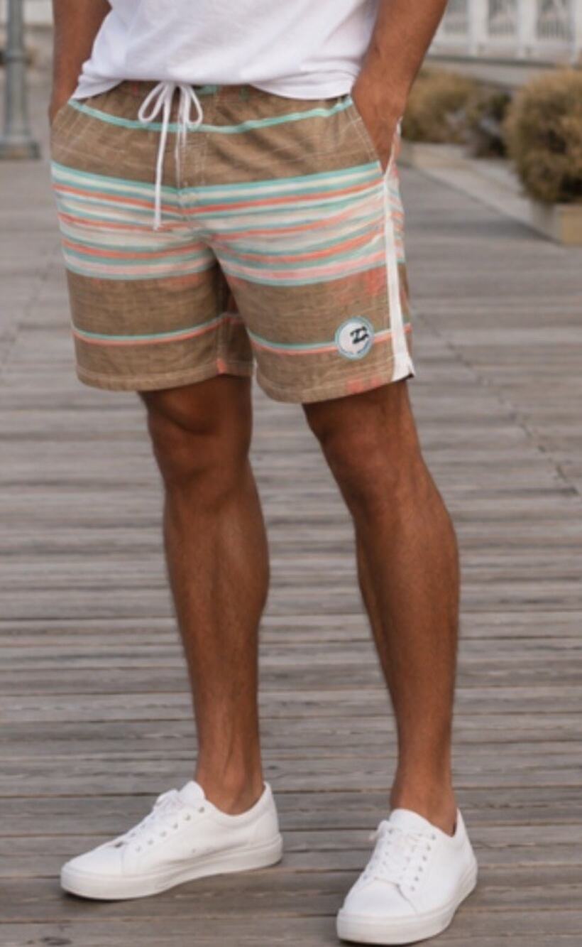 Vintage Billabong Men Striped Boardshort Drawstring Brown/Blue/Red off White Y2K